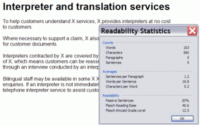 Readability statistics, discussed above