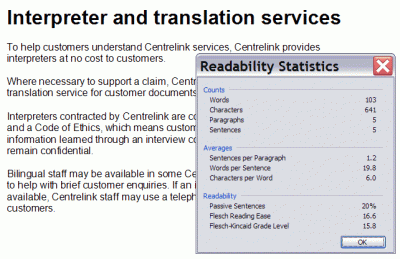 Screenshot showing readability statistics for retested content, discussed above